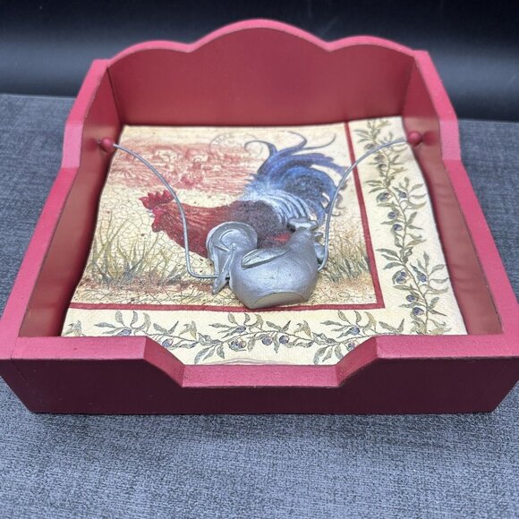 Vintage Wooden Red Napkin Holder w/ Metal Rooster Chicken Country Kitchen Rustic - Picture 10 of 12